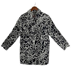 George ME Jacket Women XL Navy White Floral Long Pocket Coastal Grandma Vintage